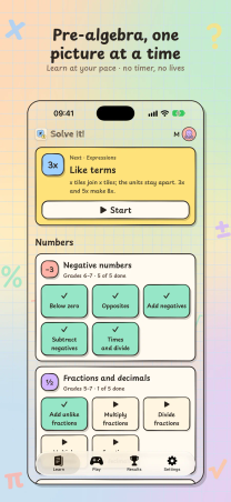 Solve It! on iPhone, "Pre-algebra, one picture at a time": the Learn tab with the next lesson card, Like terms, and the Negative numbers and Fractions and decimals tracks.