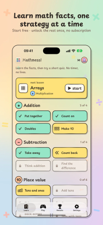 Mathness! on iPhone, "Learn math facts, one strategy at a time": the Lessons tab with the next lesson card and the Addition, Subtraction and Place value tracks.
