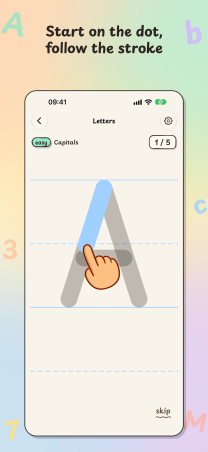 Trace It on iPhone, "Start on the dot, follow the stroke": a hand traces the first stroke of a capital A on ruled lines.