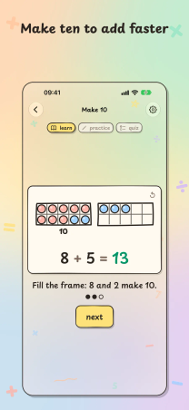 Mathness! on iPhone, "Make ten to add faster": a Make 10 lesson fills a ten-frame to show 8 + 5 = 13.