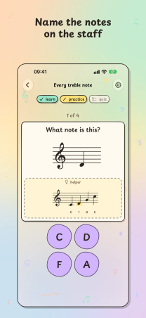 Treble Trouble on iPhone, "Name the notes on the staff": an Every treble note lesson asks What note is this? with a helper staff and four letter choices.