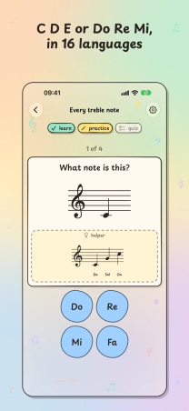 Treble Trouble on iPhone, "C D E or Do Re Mi, in 16 languages": a treble lesson with solfège answer choices Do, Re, Mi and Fa.