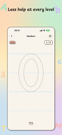 Trace It on iPhone, "Less help at every level": a hard Numbers lesson shows only the outline of a 0.
