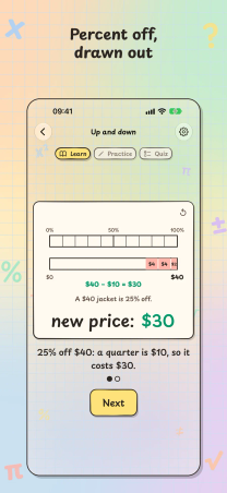 Solve It! on iPhone, "Percent off, drawn out": a percent bar takes 25% off a $40 jacket for a new price of $30.