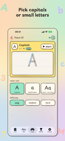 Trace It on iPhone, "Pick capitals or small letters": the Play tab with capitals, small letters or both, and easy, medium or hard.