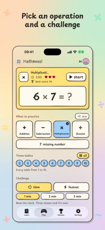 Mathness! on iPhone, "Pick an operation and a challenge": the Play tab with the four operations, times tables, and the time and fastest challenges.