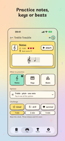 Treble Trouble on iPhone, "Practice notes, keys or beats": the Play tab with Notes, Keys and Beats, options, and the timed, drill and survival challenges.