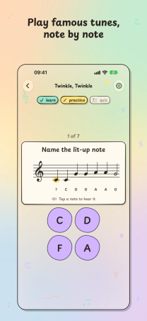 Treble Trouble on iPhone, "Play famous tunes, note by note": Twinkle, Twinkle on the treble staff with one note lit up and four letter choices.