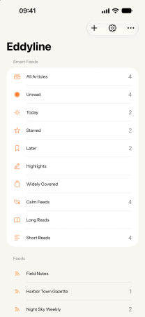 Eddyline on iPhone: the sidebar with smart feeds and unread counts, then the feeds.