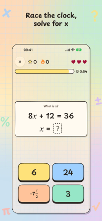 Solve It! on iPhone, "Race the clock, solve for x": a timed Solve for x game asks for x in 8x + 12 = 36, with four answer choices and three hearts.