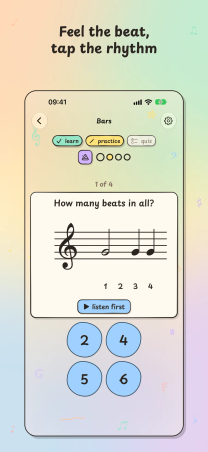 Treble Trouble on iPhone, "Feel the beat, tap the rhythm": a Bars lesson asks How many beats in all? with four number choices.