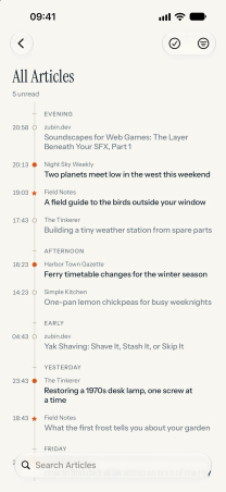 Eddyline on iPhone: All Articles as a timeline marked Evening, Afternoon and Early, with unread dots and starred articles.
