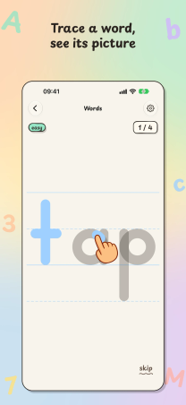 Trace It on iPhone, "Trace a word, see its picture": a hand traces the word tap, its t already filled in.