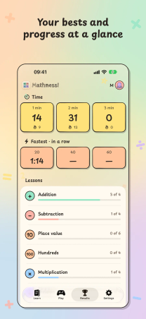 Mathness! on iPhone, "Your bests and progress at a glance": the Results tab with bests for each challenge and progress through each lesson track.