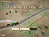 Keyboard Express title screen: KEYBOARD EXPRESS! and Type fast, keep the cargo over a green steam train pulling cargo wagons across a plain, with Settings, How to play and Play buttons.