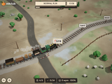 Keyboard Express: a green steam train at a crossing, word signs fire, tent, and moon on the rails, sheep on a beige plain.