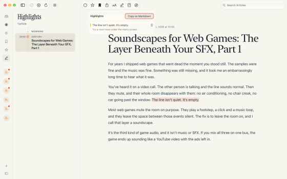 Eddyline on the Mac: the Highlights list and the highlights panel over an article, with Copy as Markdown.