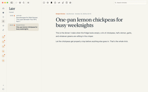 Eddyline on the Mac: the Later list with two saved articles and a recipe open in the reader.