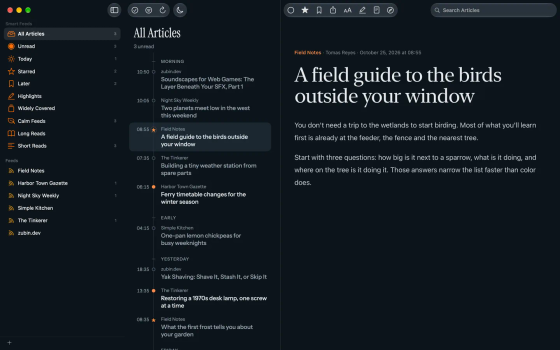Eddyline on the Mac in dark mode with the full sidebar: smart feeds such as Today, Later, Calm Feeds and Long Reads, then the feeds.