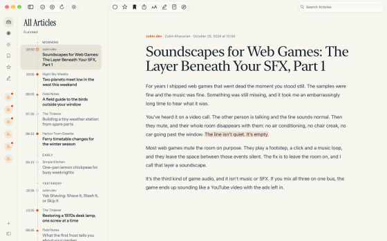 Eddyline on the Mac: All Articles as a timeline marked Morning, Early and Yesterday beside the reader, showing a zubin.dev post with one sentence highlighted.