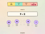Mathness! quiz: 9 × 2 with four answer circles labeled S, F, J, and L.
