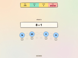 Mathness! in-game: 8 × 1 in a sketched question box, HUD across the top, four blue answer circles labeled S, F, J, and L.