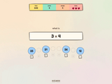 Mathness! in-game: 3 × 4 in a sketched question box, HUD across the top, four blue answer circles labeled S, F, J, and L.