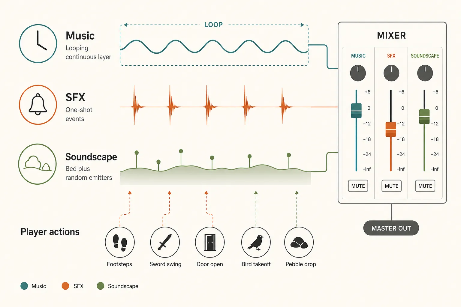 Diagram of music, SFX, and soundscape feeding into a three-bus mixer. Music is a looping continuous layer, SFX are one-shot events, and soundscape is continuous ambience with random emitters.