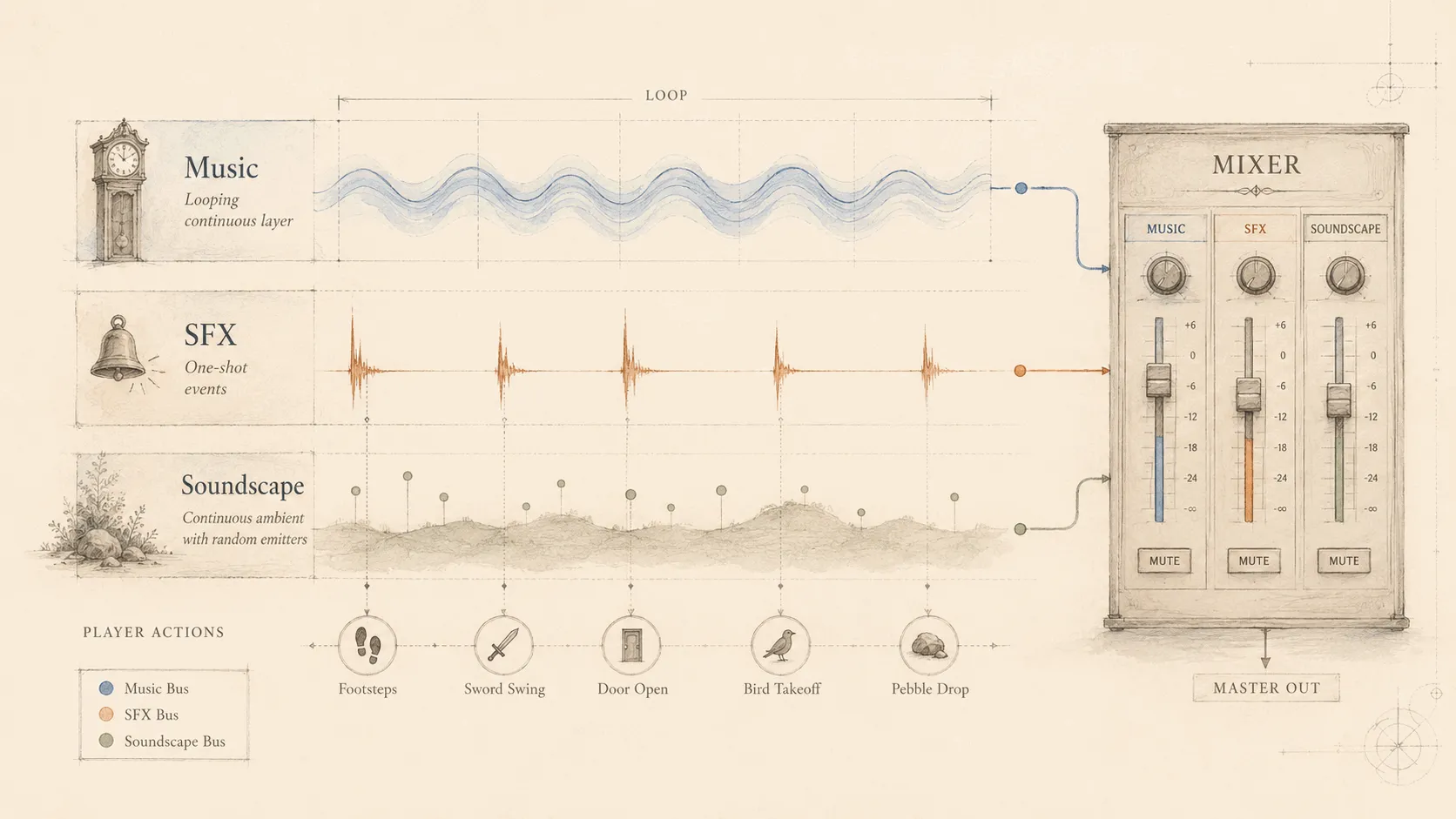 Diagram showing music (looping continuous layer), SFX (one-shot events), and soundscape (continuous ambience with random emitters) feeding into a three-bus mixer.