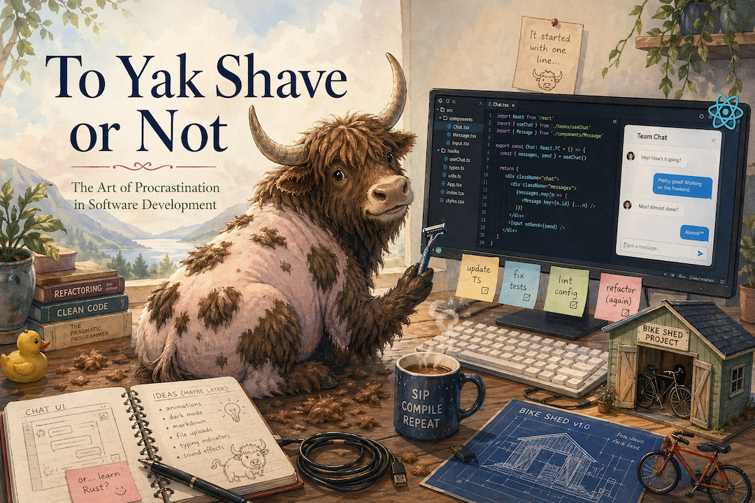 A dreamy and soft palette paints a developer's desk scene. Scattered tools, a glowing computer screen, and a whimsical yak with patches of shaved fur take center stage. Above, in flowing watercolor script, the title reads 'To Yak Shave or Not'.