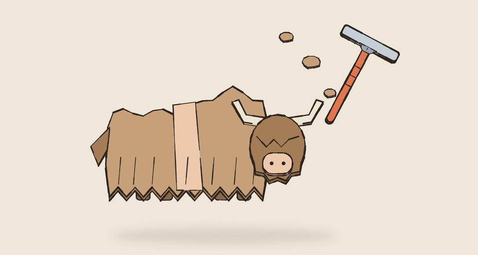 Editorial illustration of a shaggy brown yak with curved horns and a fringe over its eyes, one pale stripe already shaved down its side, a safety razor hovering beside it and a few tufts of fur drifting off, every edge drawn in wobbly ink.