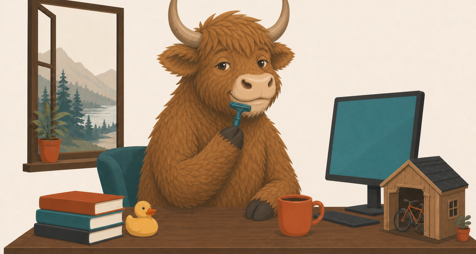 Editorial illustration of a friendly shaggy yak at a wooden desk, shaving its chin with a safety razor, beside a monitor, books, and a tiny bike shed.