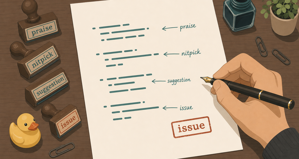Editorial illustration of a hand annotating a code-review sheet with labeled stamps: praise, nitpick, suggestion, and issue.