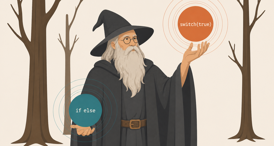 Editorial illustration of a bearded wizard on cream paper, holding a warm amber emblem labeled switch(true) in one hand and a pale blue emblem labeled if else in the other.