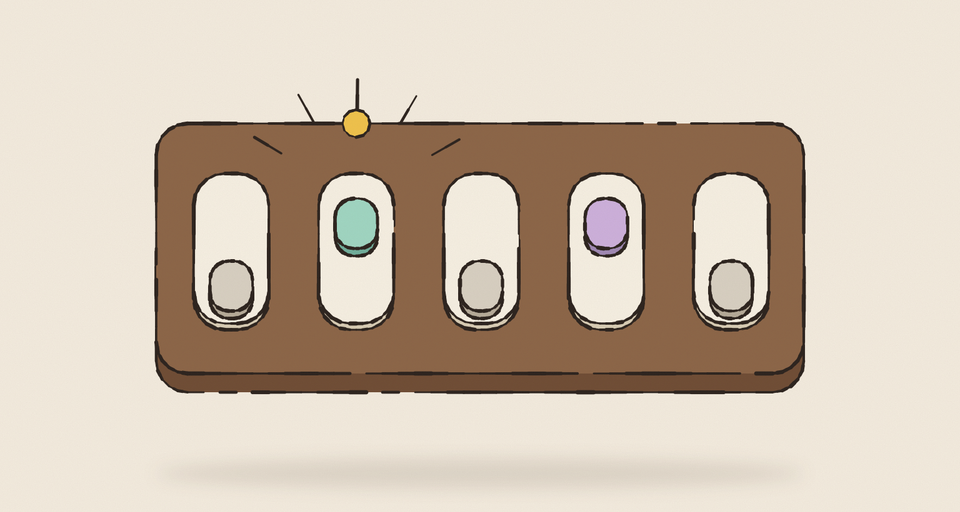Editorial illustration of a walnut plate with five toggle switches; two are flipped on, but only the first of them lights up mint under a glowing bulb while the later one stays dim lilac, every edge drawn in wobbly ink.