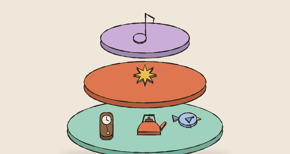 Editorial illustration of three floating discs stacked like plates: a lilac one on top with a music note, a rust one in the middle with a yellow burst, and a wide mint one underneath holding a small pendulum clock, a kettle and a bird, every edge drawn in wobbly ink.