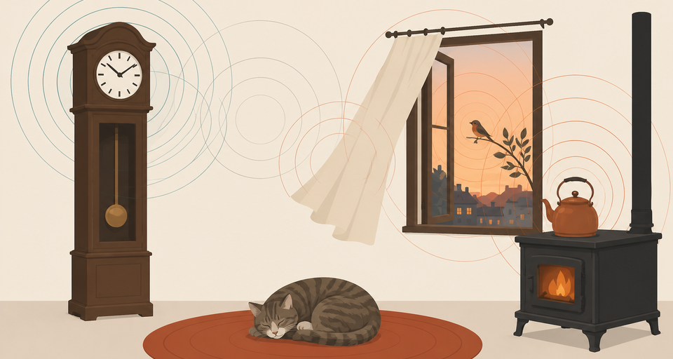 Editorial illustration of a quiet room: a grandfather clock, a cat asleep on a round rug, a kettle on a wood stove, and a bird outside the window, each giving off faint sound ripples.
