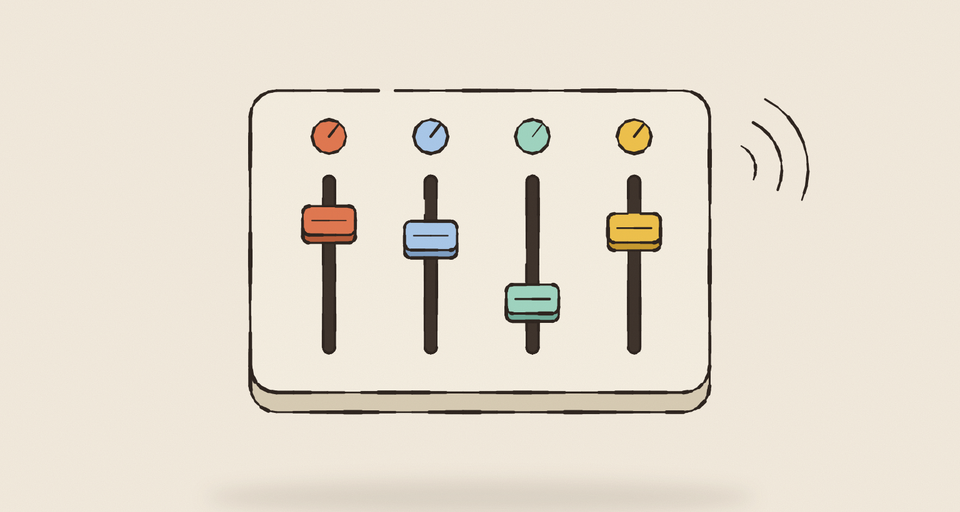 Editorial illustration of a chunky cream mixing console with four channel faders in rust, blue, mint and yellow, each under its own knob, the mint one pulled down low, sound waves leaving its side, every edge drawn in wobbly ink.