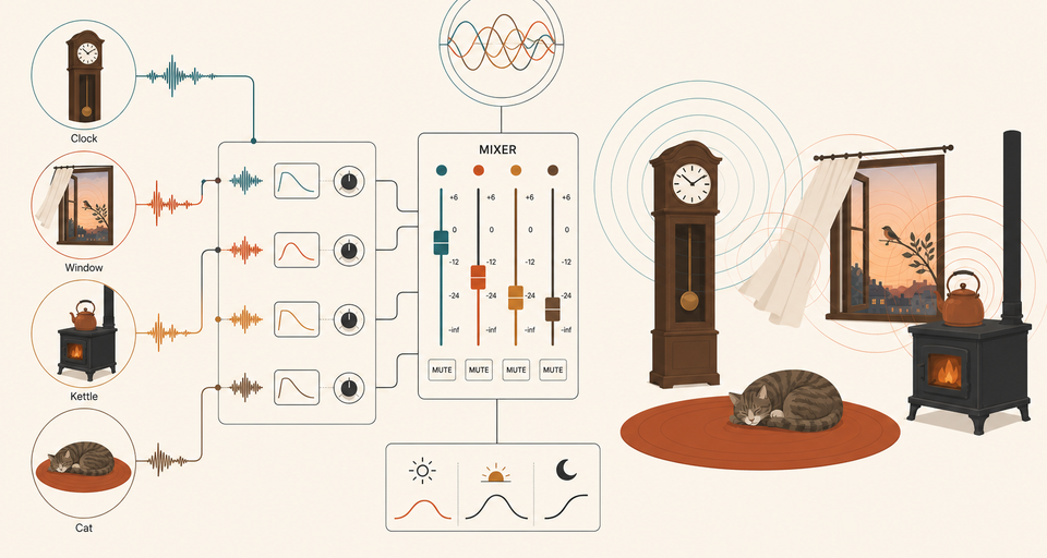 Editorial illustration of the quiet room from Part 1, with a grandfather clock, sleeping cat, and kettle, wired into an audio graph. Sound sources on the left feed processing modules, faders, and a mixer.