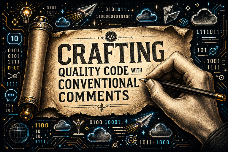 An artistically drawn hand writes 'conventional comments' on a torn piece of paper. Surrounding the main text, there are doodles of binary code, cloud symbols, and stick figures. The title, 'Crafting Quality Code with Conventional Comments', is prominently displayed at the top with a flourish.