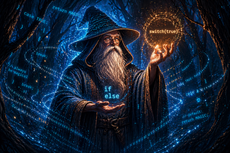A wizard in a blue robe and hat, standing amidst a mystical forest with shimmering lights. He presents a choice between 'if-else' in one hand and 'switch(true)' in the other.