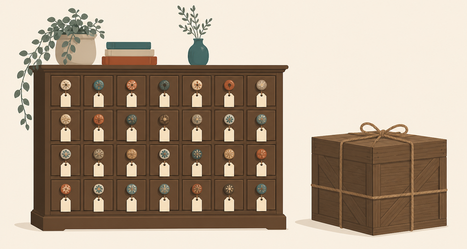 Editorial illustration of a wooden apothecary cabinet with many small tagged drawers, beside one large unlabeled crate.