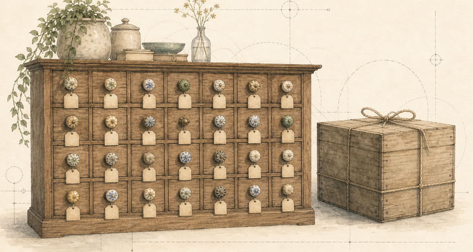 Pen-and-ink watercolor of a wooden apothecary cabinet with many small tagged drawers, beside one large unlabeled crate.