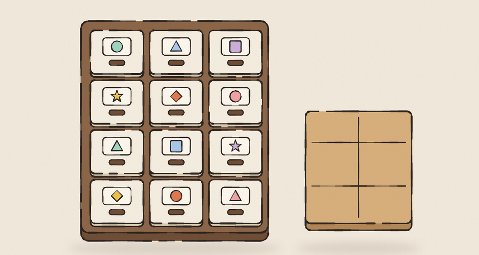 Editorial illustration of a walnut cabinet of twelve small cream drawers, each tagged with its own colored shape, beside one big kraft crate with no tag at all, every edge drawn in wobbly ink.