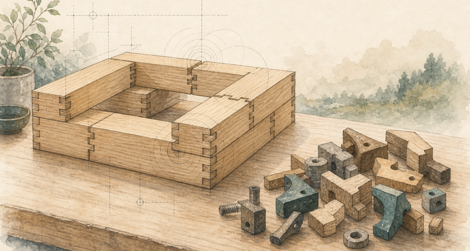Pen-and-ink watercolor of wooden modules with matching joints assembling into a structure, leftover mismatched pieces to the side.