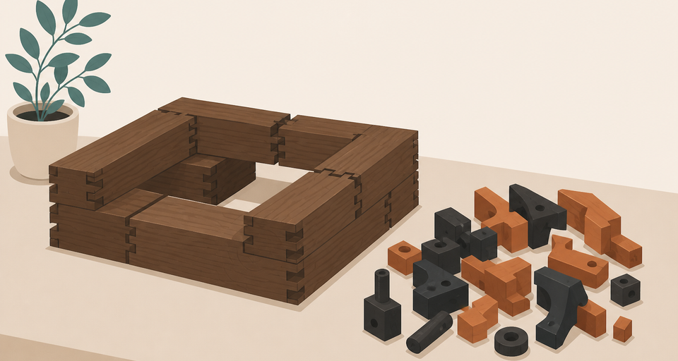 Editorial illustration of wooden modules with matching joints assembling into a structure, leftover mismatched pieces to the side.