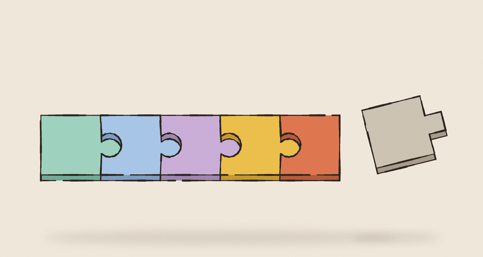 Editorial illustration of five pastel jigsaw pieces joined in a row, every joint the same round tab, and a faded grey piece with a square peg tilted off to the side, every edge drawn in wobbly ink.