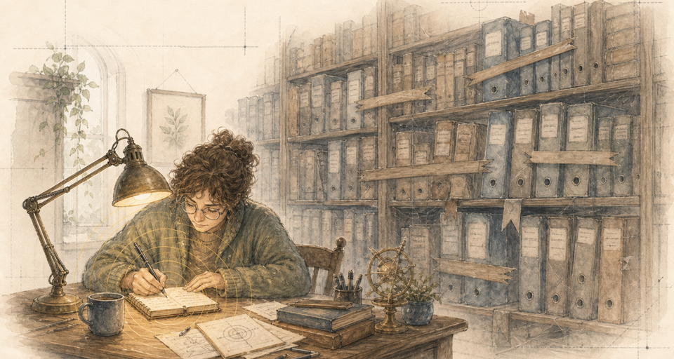 Watercolor of a person writing in a small notebook at a lamp-lit desk, with a tall ignored wall of dusty library ledgers behind them.