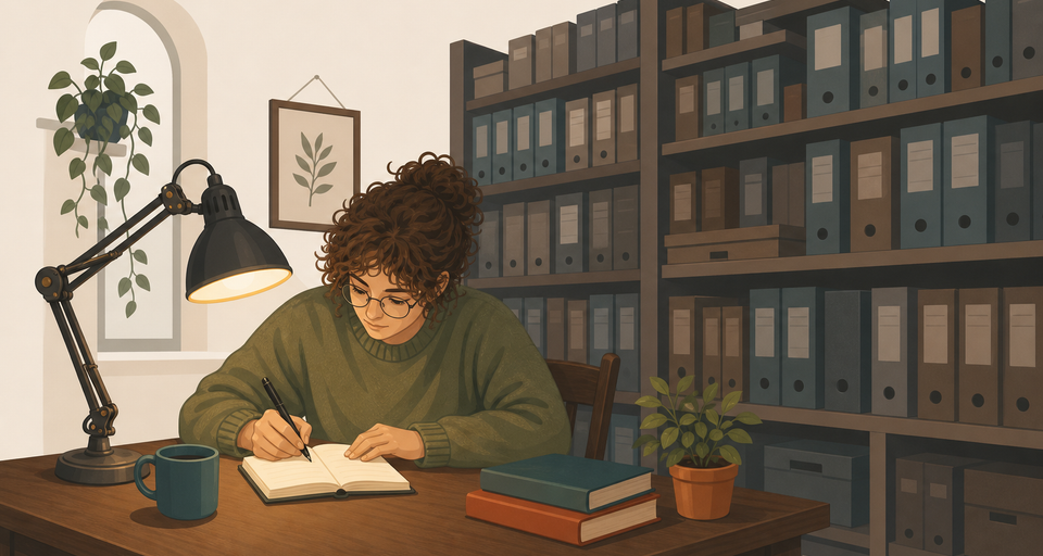 Editorial illustration of a person writing in a small notebook at a lamp-lit desk, with a tall ignored wall of dusty library ledgers behind them.
