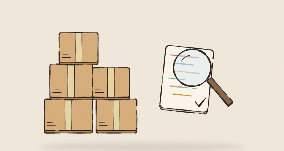 Editorial illustration of a stack of taped-shut cardboard boxes left alone on one side, and on the other a single sheet of colorful code lines under a magnifying glass, a tick at its corner, every edge drawn in wobbly ink.